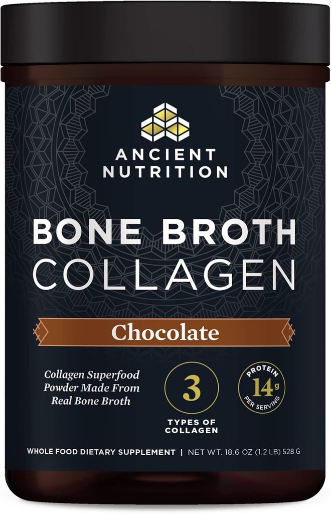 Ancient Nutrition Collagen Powder, Bone Broth Collagen, Chokolade, Hydrolyzed Multi Collagen Peptider, Understøtter hud og negle, Fælles tillæg, 30 Servering, 18.6oz