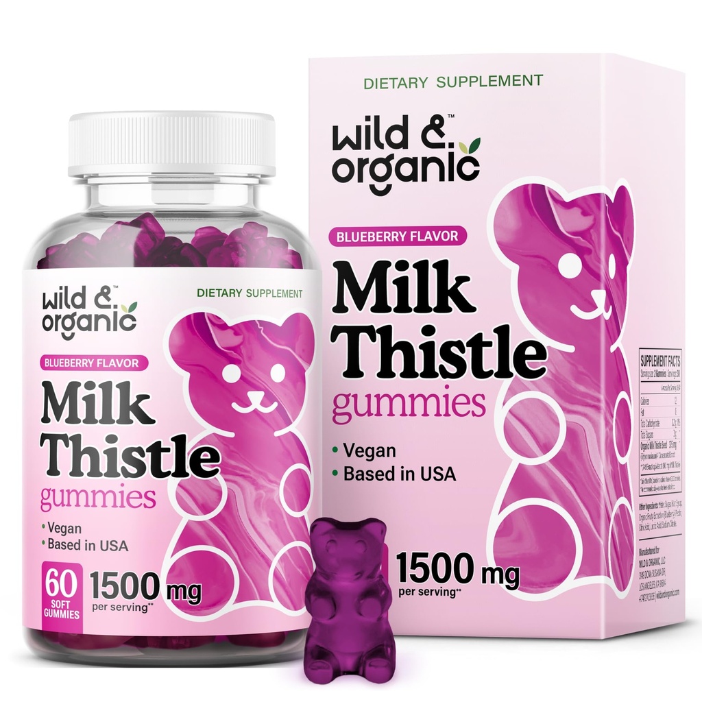 Wild & Organic Milk Thistle Gummies 1500mg - Urtetilskud til lever rense Detox - Silymarin Milk Thistle Lever Detox Gummies - 60 Vegan, non-GMO tygger