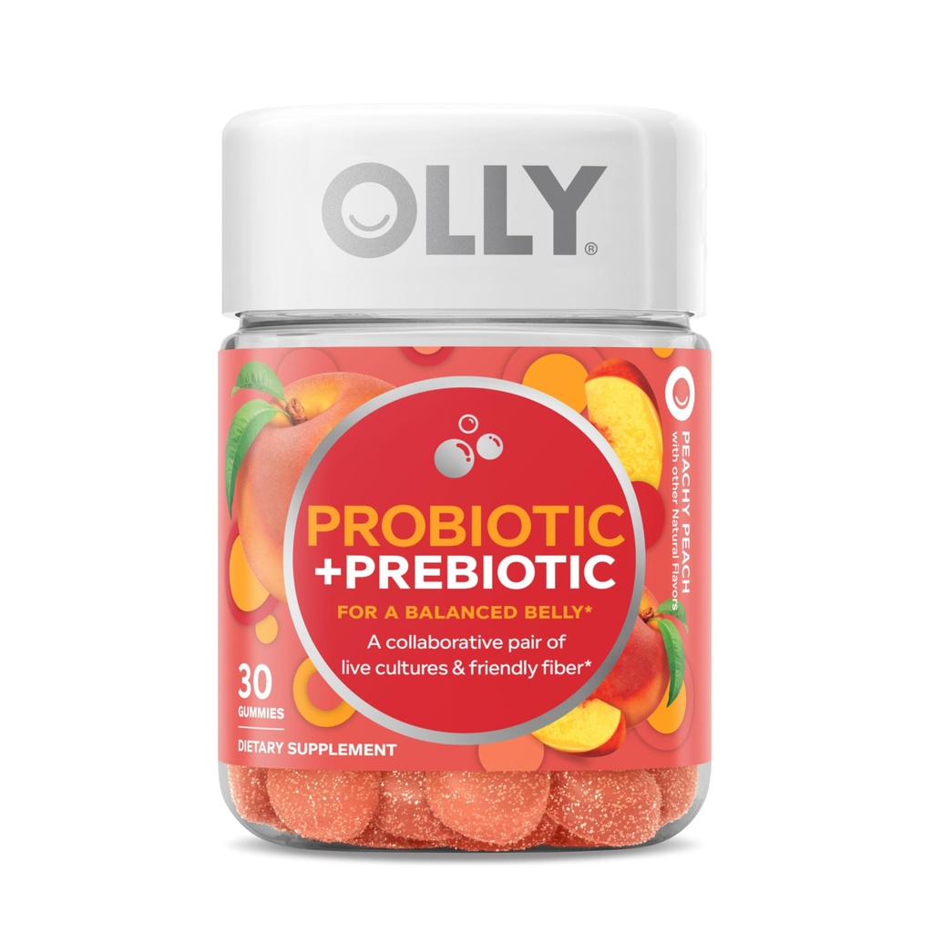 OLLY Probiotic + Prebiotic Gummy, Digestive Support and Gut Health, 500 Million CFUs, Fiber, Adult Chewable Supplement for Men and Women, Peach, 30 Day Supply - 30 Count (Pack of 12)