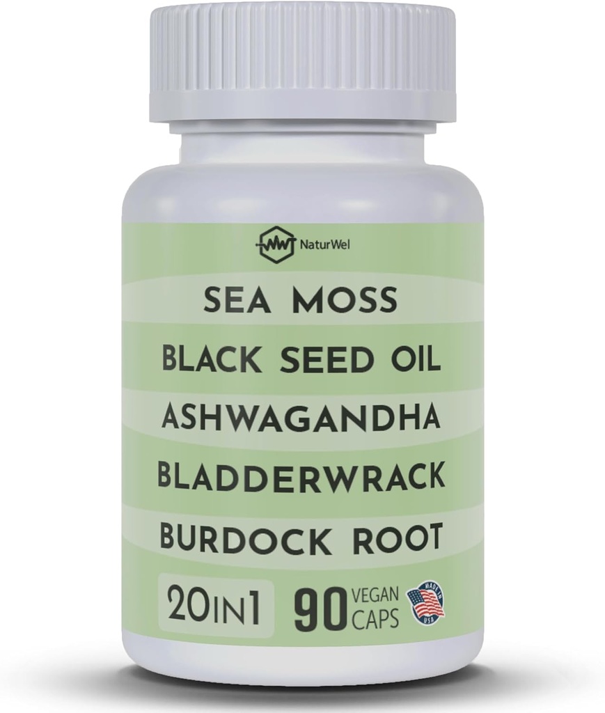 Black Seed Oil 3000mg Sea Moss 3000mg Ashwagandha 1000mg Gurkemeje 1000mg Burdock 1000mg Bladerwrack 1000mg & Elderberry Manuka Chlorophyll Mælkebøtte - (90 kapsler pakke med 1)