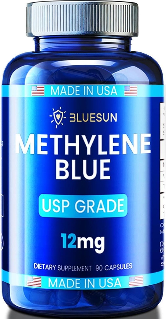 Bluesun Methylene Blue Capsules - USP Grade, Made in USA, 3rd Party Tested - Pharmaceutical Grade 12mg with Vitamin C Ester Supplement for Mitochondrial Function - No Stain, 90 Day Supply