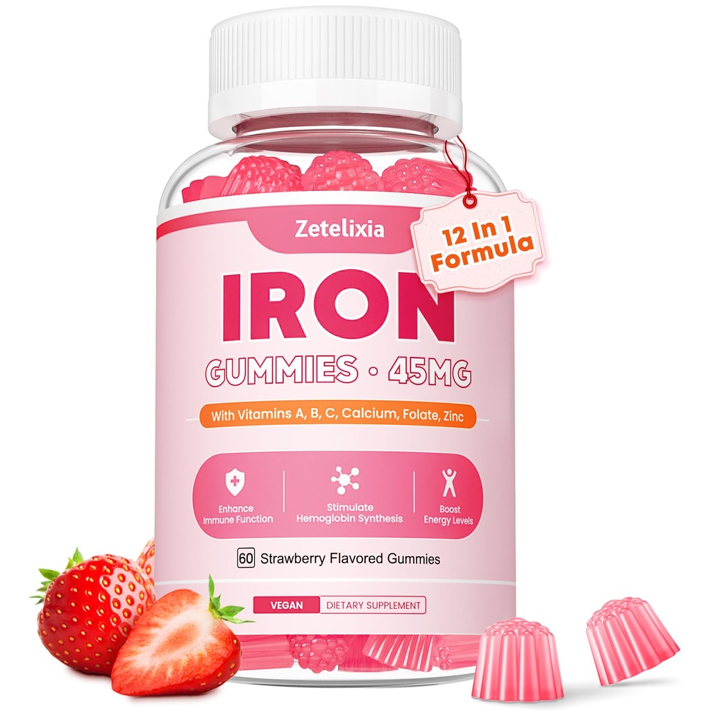 Vegansk jerntilskud Gummies for kvinder & mænd, Anæmi, Blood Builder & Energy Support for Iron Deficiency, med vitamin C, A, B Complex, Folate, CoQ10, Sukker fri, non-GMO, 60 Greve