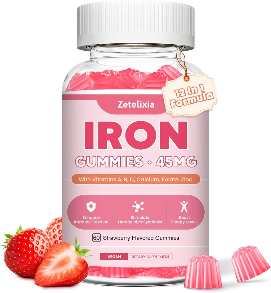 Vegansk jerntilskud Gummies for kvinder & mænd, Anæmi, Blood Builder & Energy Support for Iron Deficiency, med vitamin C, A, B Complex, Folate, CoQ10, Sukker fri, non-GMO, 60 Greve