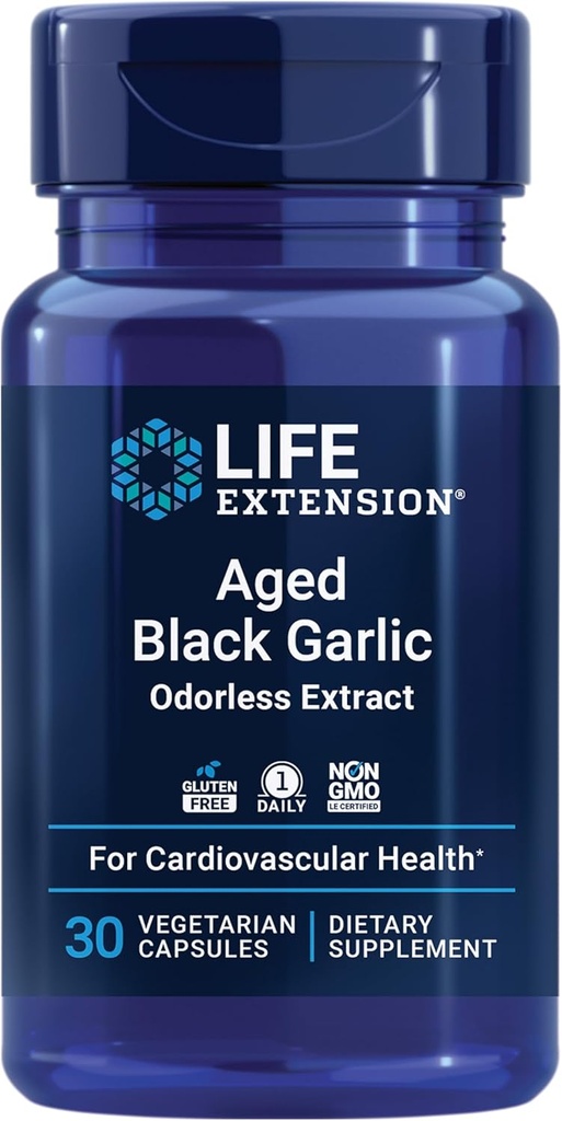 Life Extension Aged Black Hvidløg, Heart Health Support, Blood Pressure Health Support, Cholesterol Health Support, Once- Daily, Gluten Free, Vegetar, Non- GMO, 30 Kapsler