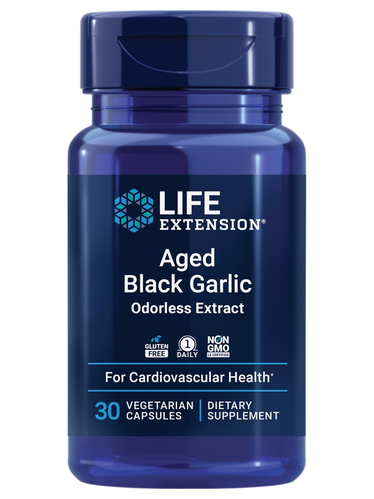 Life Extension Aged Black Hvidløg, Heart Health Support, Blood Pressure Health Support, Cholesterol Health Support, Once- Daily, Gluten Free, Vegetar, Non- GMO, 30 Kapsler