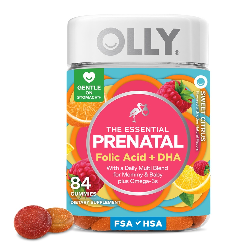 OLLY Essential Prenatal Gummy Multivitamin, Folinsyre, D-vitamin, Omega 3 DHA, understøtter sund vækst og hjerne udvikling, Citrus Berry - 84 Greve