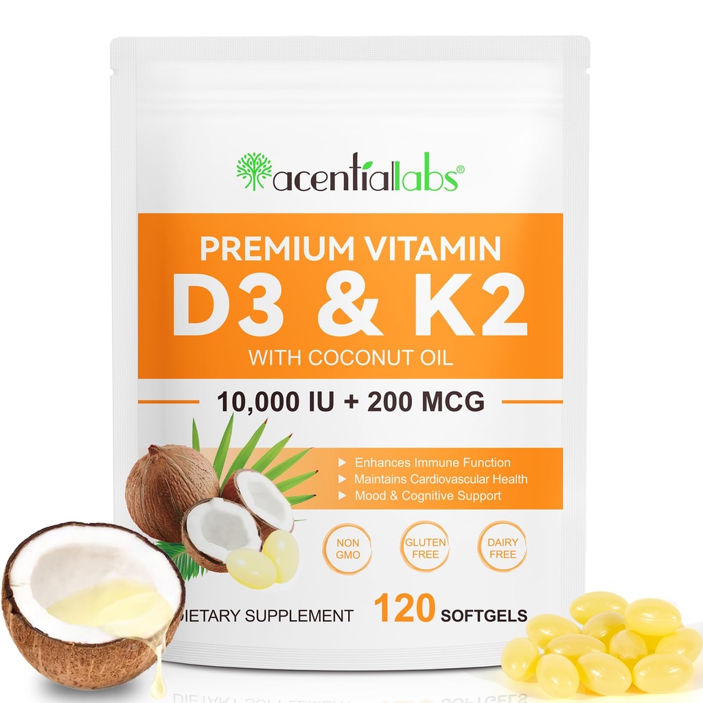 Vitamin D3 K2 Supplement Softgels, 10000 IE VIT D3 + 200 MCG K2 (MK- 7)