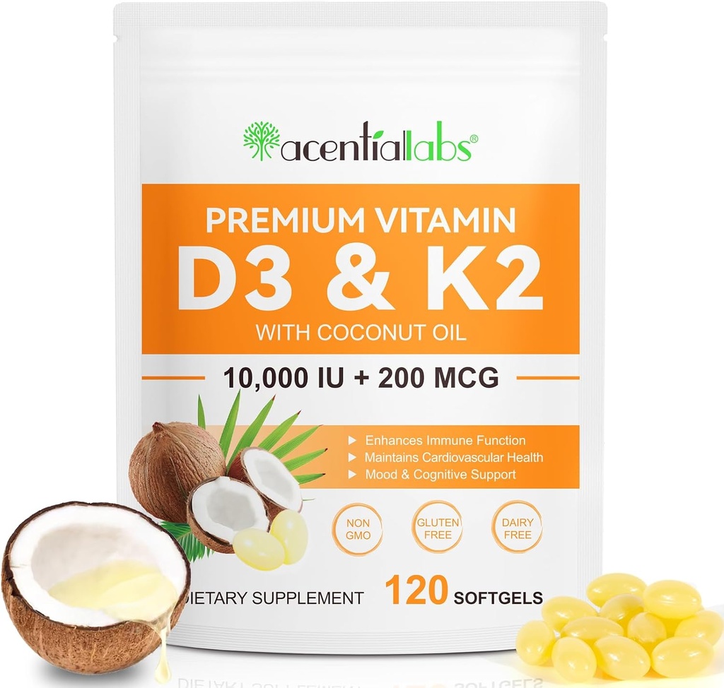 Vitamin D3 K2 Supplement Softgels, 10000 IU VIT D3 + 200 MCG K2 (MK-7) | 2-in-1 Replenish Formula with Coconut Oil, Supports in Calcium Absorption, Easy to Swallow 120 Capsules.