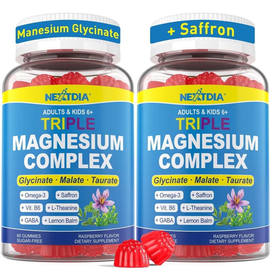 Triple Magnesium Complex 500mg/250mg Gummies + Omega-3, Saffron for Kids 6+ & Adults, Kids Focus Calm Magnesium Gummies with Theanine, Sugar Free Magnesium Glycinate, Malate, Taurate, 2 Pack