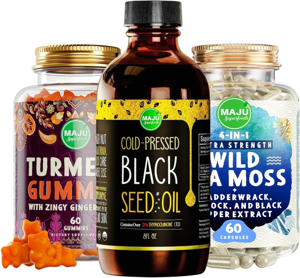 Maju Superfoods Black Seed Oil, 4-in-1 Sea Moss Kapsler og gurkemeje Ginger Gummies Bundle