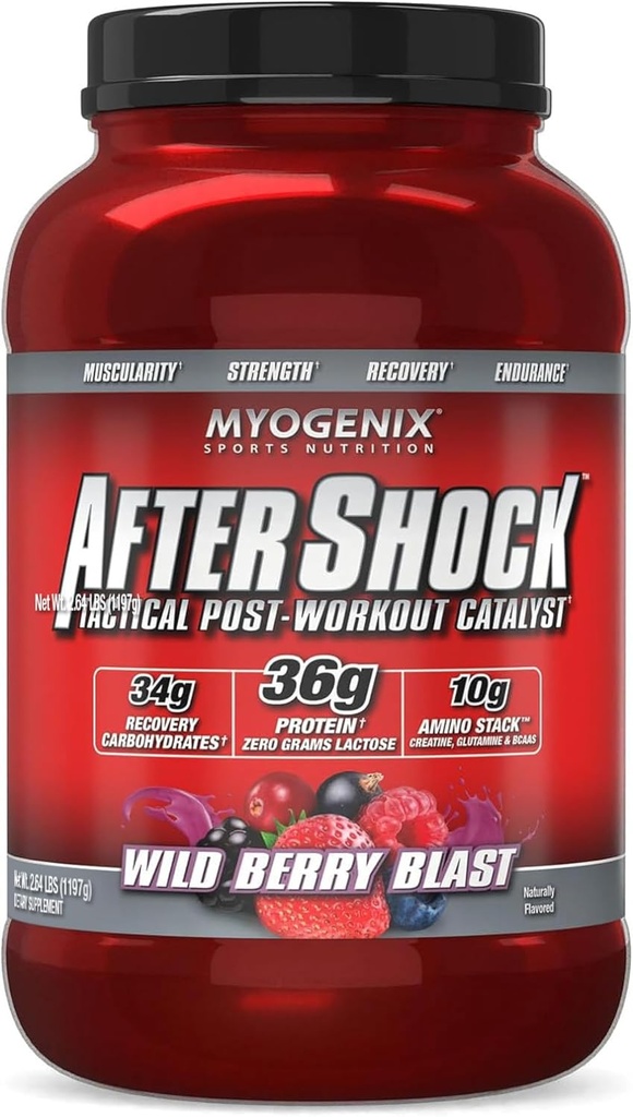 Myogenix Aftershock Post Workout Powder - Whey Protein med kulhydrater til Muscle Recovery & Refuel - Wildberry Blast, 3 lbs