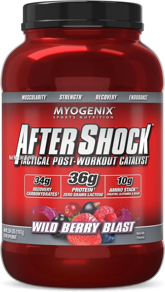 Myogenix Aftershock Post Workout Powder - Whey Protein med kulhydrater til Muscle Recovery & Refuel - Wildberry Blast, 3 lbs