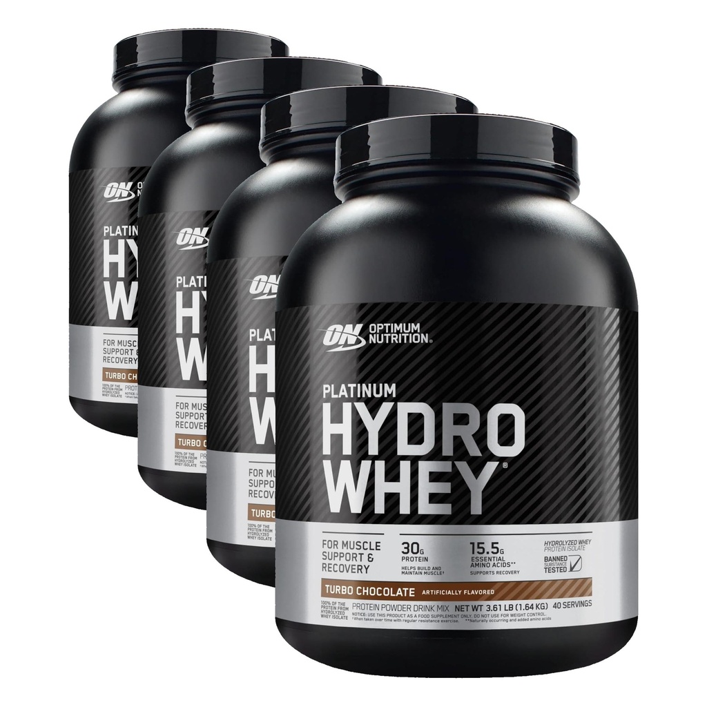 Optimum Nutrition Platinum Hydrowhey Protein Powder, 100% Hydrolyzed Whey Protein Isolate Powder, Flavor: Turbo Chocolate, 40 Servings, 3.61 Pounds (Packaging May Vary) (Pack of 4)