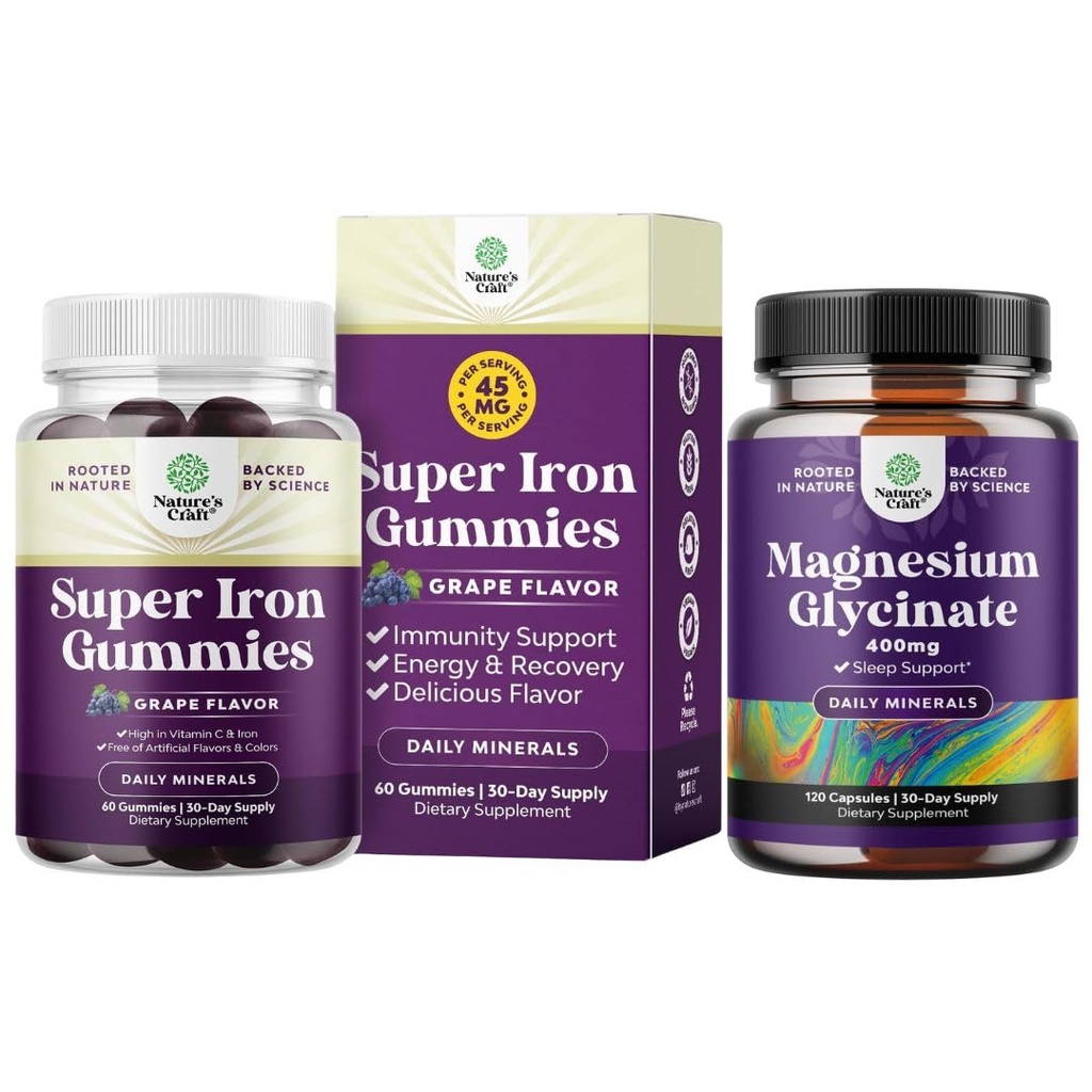 Bundle af lækre jerngummier til kvinder og mænd - Jern supplement til kvinder og mænd med C-vitamin til højere absorption og Pure Magnesium Glycinate 400mg Per Servering til Mood Sleep og Afslapning