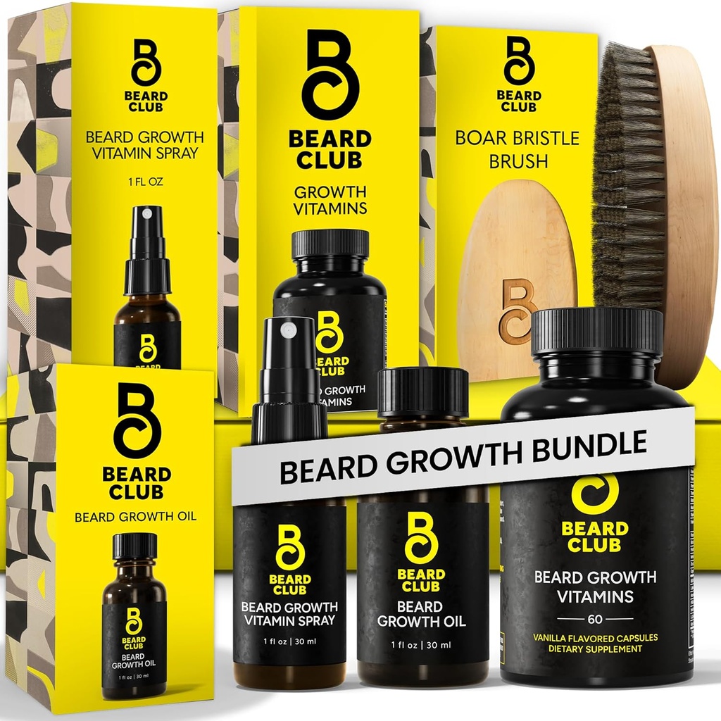 Beard Club Premium Beard Growth Kit - Vækst olie, vitaminer, Vitamin Spray & vildsvin Brittle Børst - gavesæt