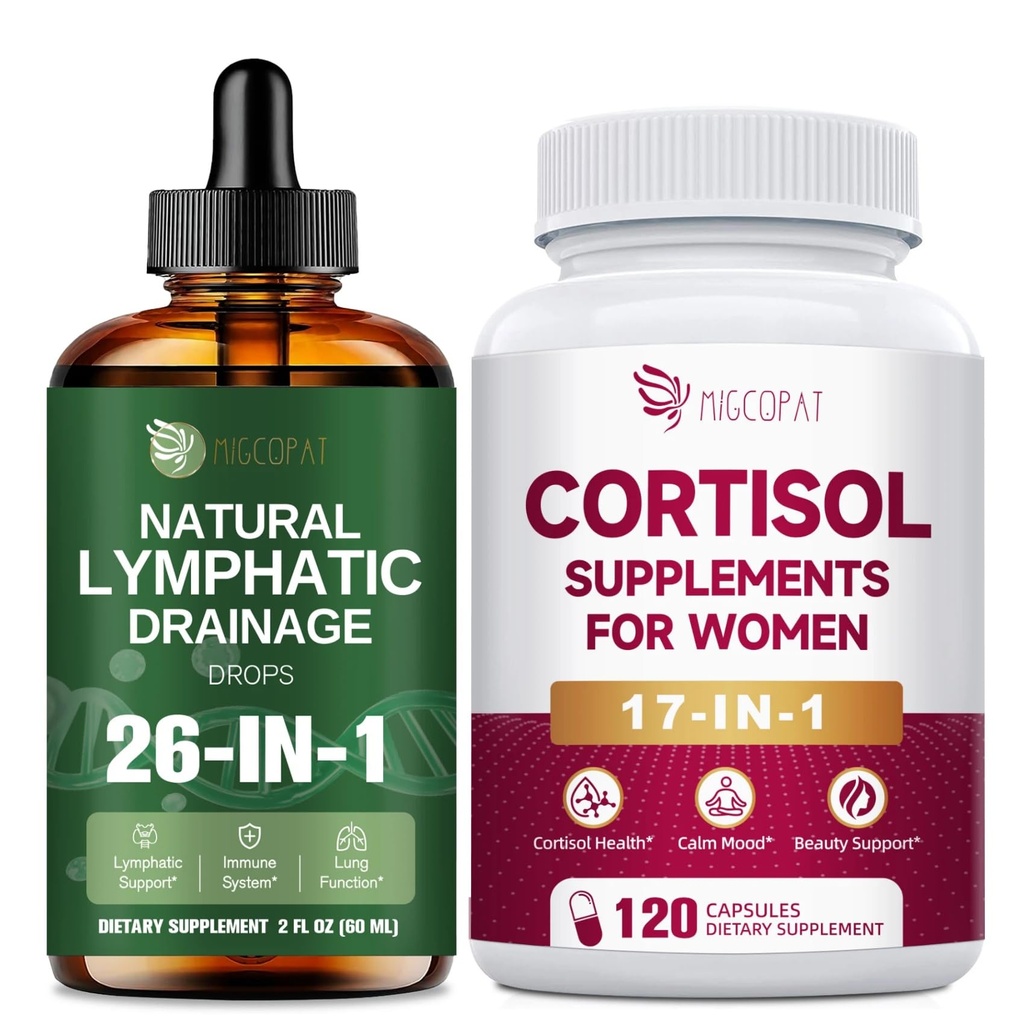 Migcopat Cortisol Supplements for Women 120 Capsules Bundle Liposomal Lymphatic Drainage Drops 2 fl oz