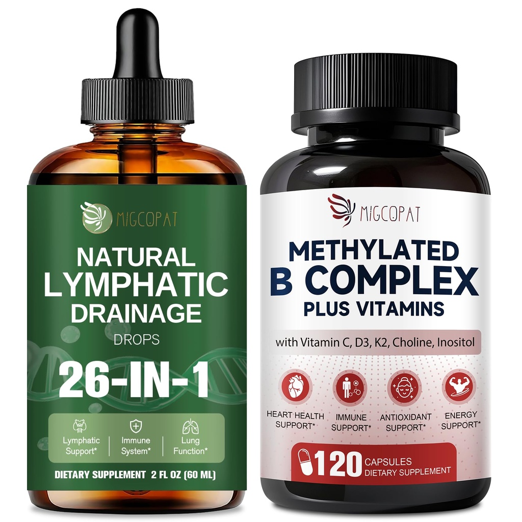 Migcopat 26-in-1 Lymphatic Drainage Drops + 16-in-1 Methylated Multivitamin with B Vitamins, CoQ10, Alpha Lipoic Acid, Methylfolate, Methylcobalamin, 120 Caps