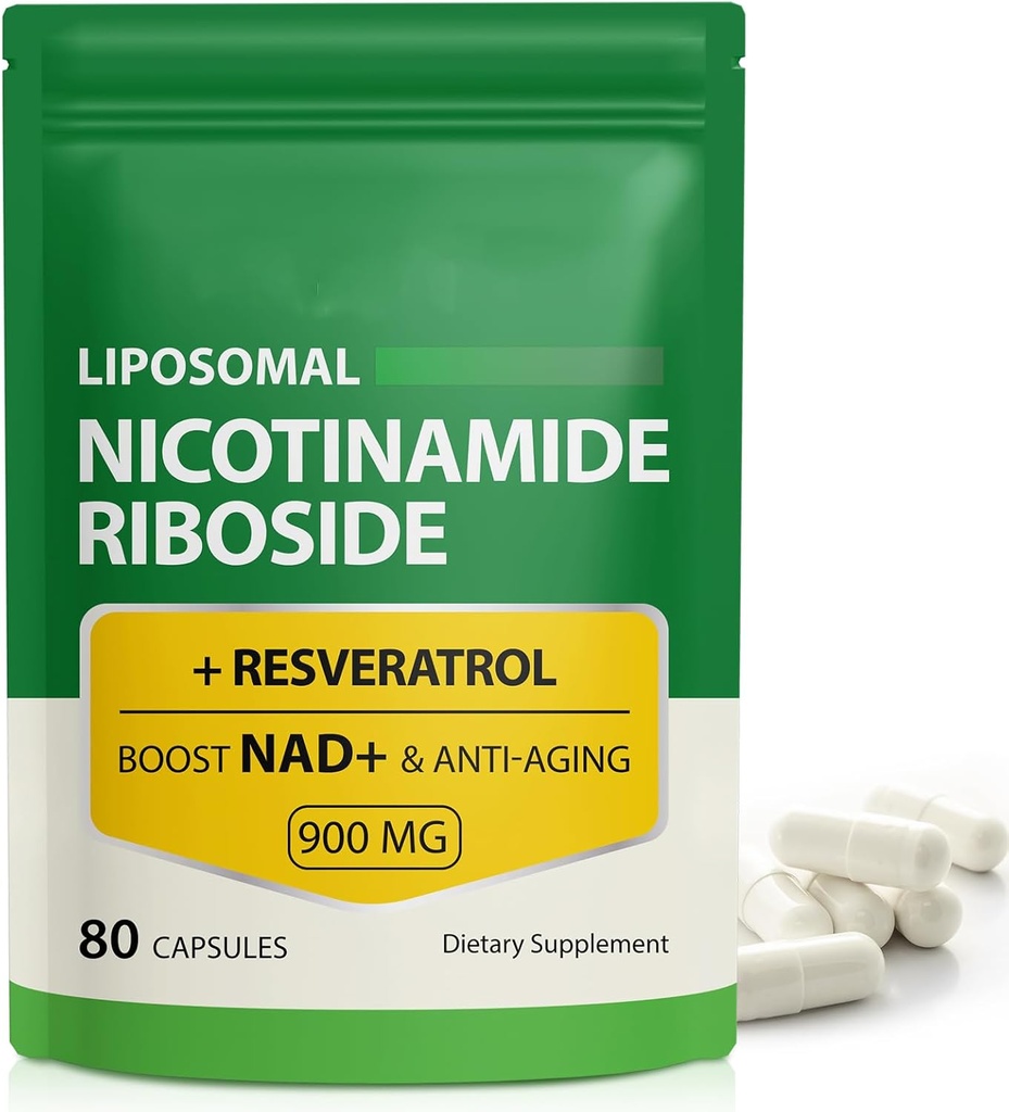 NAD Supplement, 900mg - Liposomal Nicotinamid Riboside NAD + Supplement med Resveratrol understøtter muskler, hjerne, cellulær energi - NMN supplement Alternativ for mænd og kvinder, 80 kapsler (pakke med 1)