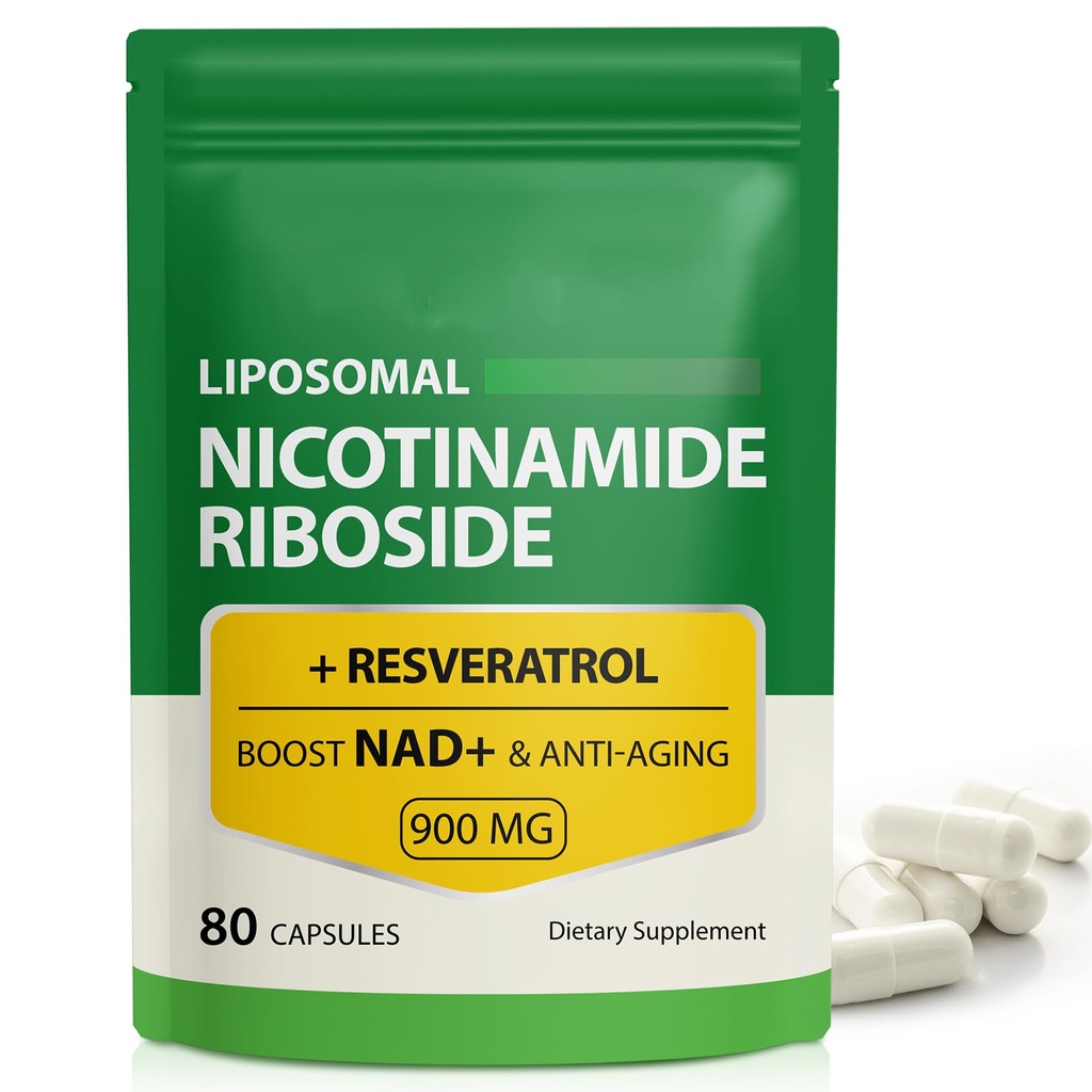 NAD Supplement, 900mg - Liposomal Nicotinamid Riboside NAD + Supplement med Resveratrol understøtter muskler, hjerne, cellulær energi - NMN supplement Alternativ for mænd og kvinder, 80 kapsler (pakke med 1)