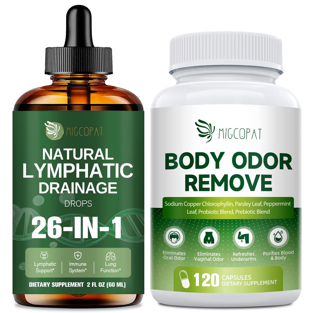 Migcopat 26-in-1 Lymphatic Drainage Drops + Chlorophyll Capsules with 10 Billion CFU Probiotic, Vitamin C & E, Parsley, Peppermint, Green Tea, Prebiotics, 120 Caps