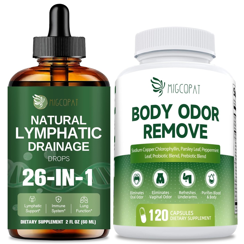 Migcopat 26-in-1 Lymphatic Drainage Drops + Chlorophyll Capsules with Parsley, Peppermint, Green Tea, Jerusalem Artichoke, Probiotic and Prebiotic Blend, 120 Caps