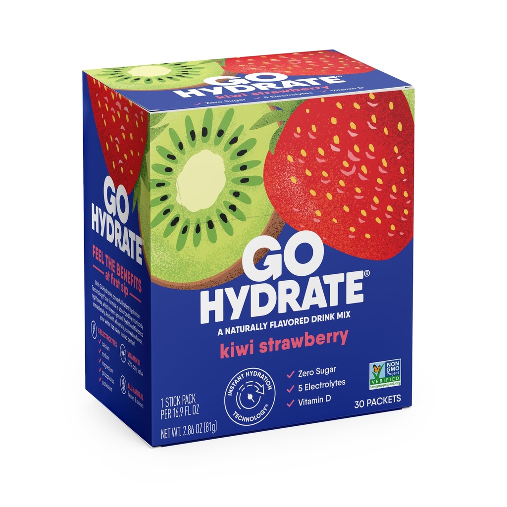 GoHydrate Instant Hydration Powder Pakninger - Lavt natriumelektrolytter drikke mix - Natural Hydration Support, Sugar Free Electrolyte Flavored Powder Drikke med D-vitamin, 30 Pakker, Kiwi Strawberry