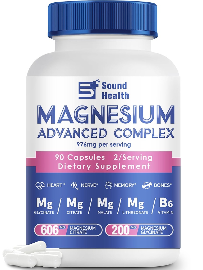 5 in 1 Magnesium Complex Capsule 976mg wtih Magnesium Glycinate, Citrate, Malate, L-Threonate & Vitamin B6, High Absorption Magnesium Complex for Women & Men, Third-Party Tested, Vegan, Non-GMO