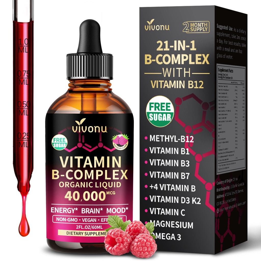 VivoNu 10,000MCG Biotin Vitamin B7, Vitamins B Complex Liquid Drops, Vitamin B12 (6000 mcg), B6 B1, B2, B3, B5, and Methylfolate, Magnesium, Zinc, CoQ10, Raspberry Flavor, Natural Ingredient, Non GMO