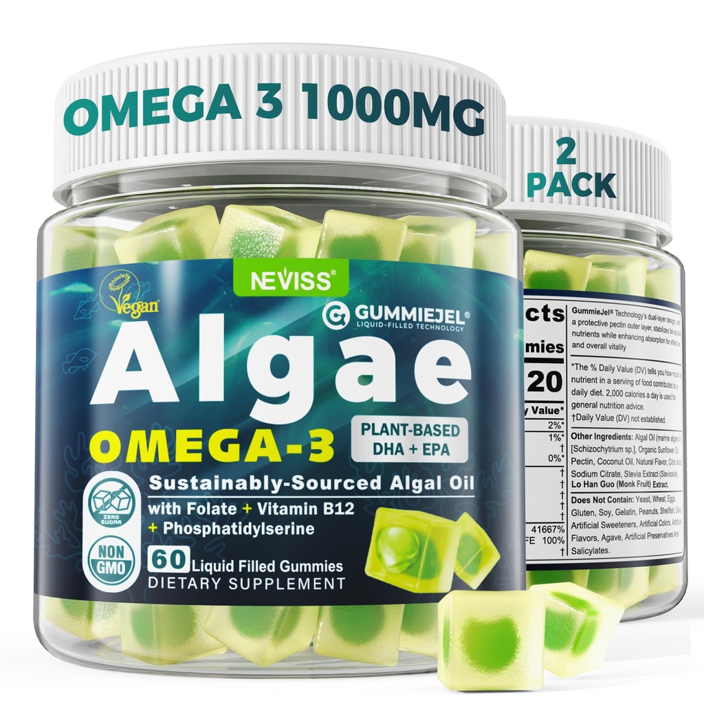 2 Pack Alger Omega 3 Gummies 1000mg, Plant Based DHA 460mg & EPA 230mg, Omega 3 Fiskeolie Alternativ for voksne, Plus MethylFolate, Vitamin B12, Phosphatidylserin, Ingen Fishy Taste, Vegan, Sukker Free