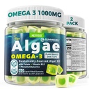 2 Pack Alger Omega 3 Gummies 1000mg, Plant Based DHA 460mg & EPA 230mg, Omega 3 Fiskeolie Alternativ for voksne, Plus MethylFolate, Vitamin B12, Phosphatidylserin, Ingen Fishy Taste, Vegan, Sukker Free