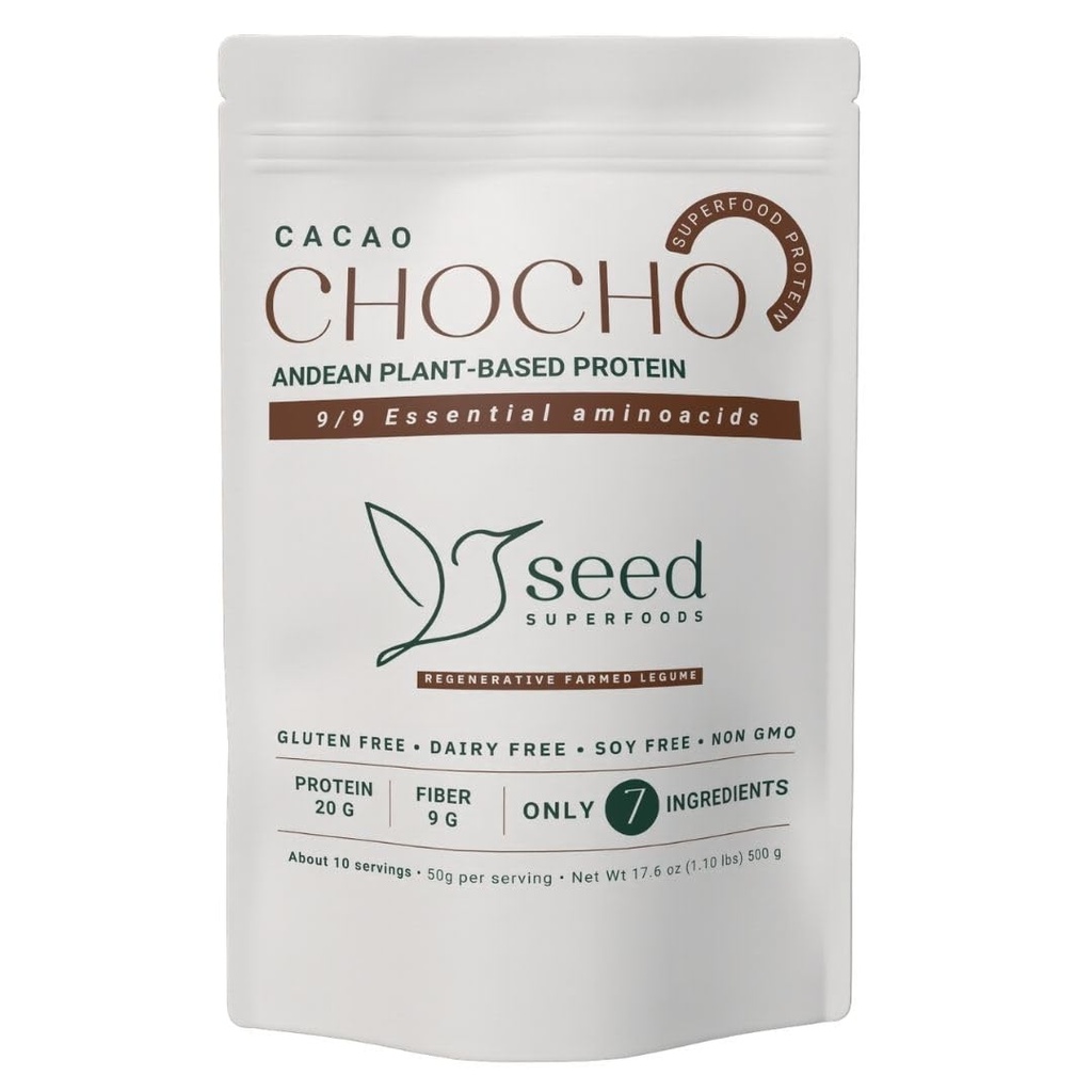 SEED CHOCHO Cacao Plant-Based Protein Powder, Gluten Free, Dairy Free, Soy Free, Non-GMO, 17g Protein, 8g Fiber, 17.6 oz