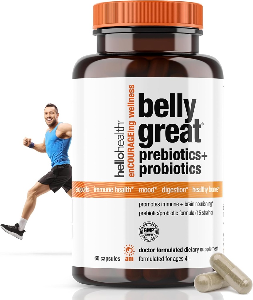 Daglig Probiotika for kvinder, Mænd + Kids Probiotika -Belly Great Prebiotika og Probiotika til Gut Health & Immunsupport + D3-vitamin, Folate B Vitaminer: 15 Strain, Gluten Free -60 Greve