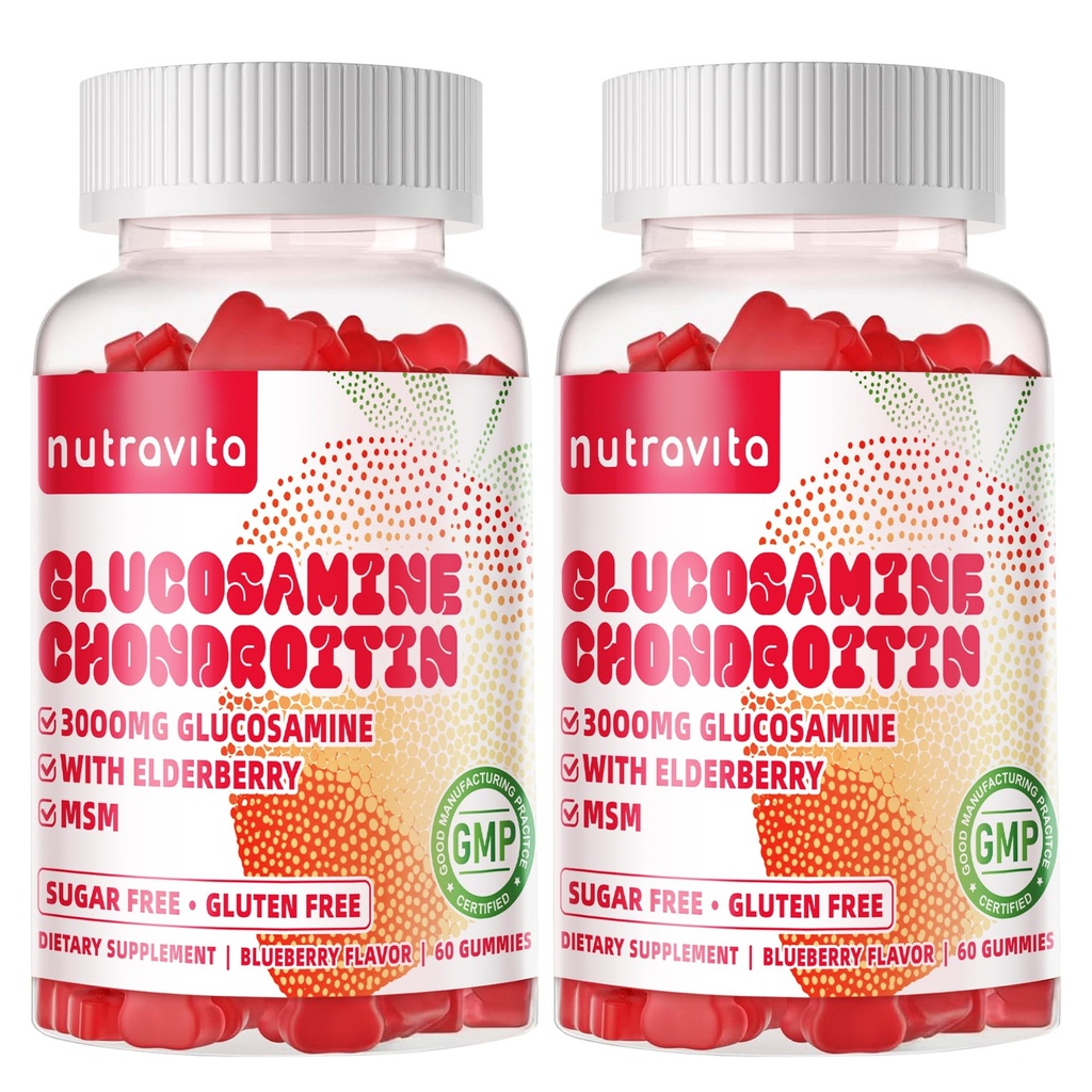 Nutravita Glucosamine Chondroitin Gummies med MSM & Elderberry Extra Strength - fælles støtte, Antioxidant immunsupport supplement til voksne, mænd og kvinder. 120 Jordbærtygger