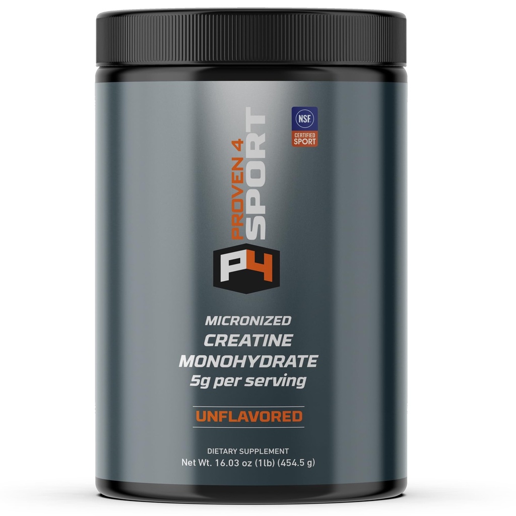 Proven4 Creatine Monohydrate – NSF Certified for Sport® – 5g Micronized Powder for Muscle Strength & Brain Energy, Performance & Recovery from Exercise – Unflavored 16 Oz– 90 Servings