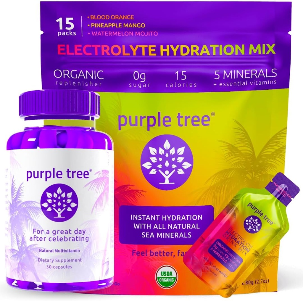 Purple tree Post- Celebration Wellness + Hydration Electrolyte Packets - 124; Organic Rehydration, Happy Liver - 124; 30ct Flaske + 15 Hydrering Sticks til vand