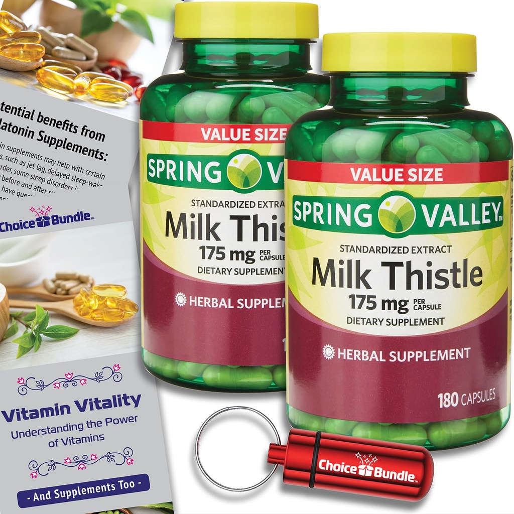 CHOICE BUNDLE Spring Valley Standardized Extract Milk Thistle Dietary Supplement Capsules 175 mg 180 Ct 2 pk (360 Total) + Vitamin Guide and Pill Container (4 Items)!