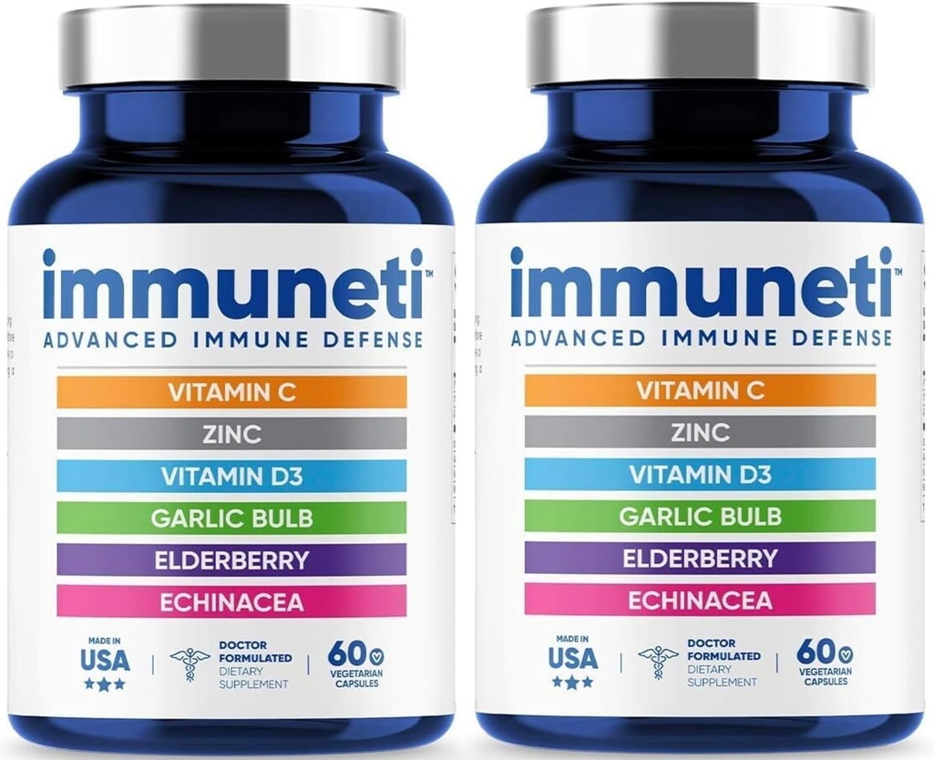 Immuneti - Avanceret immunforsvar, 6-in-1 Kraftfuld Blend af C-vitamin, D3-vitamin, zink, hyldebær, hvidløg Bulb, Echinacea - 2 Pack - Understøtter den samlede sundhed