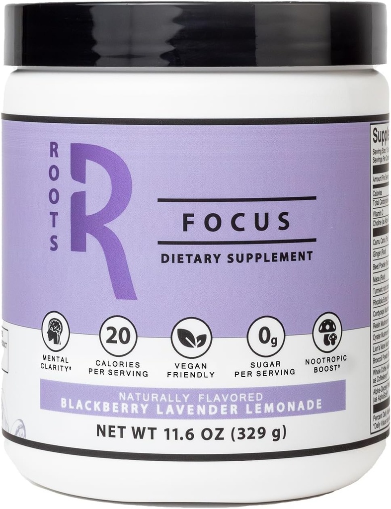 Silver Star Nutrition, Roots Focus Nootrop Brain Supplement - BlackBerry Lavendel Lemonade, Blend of Lion 's Mane, Cordyceps, & Reishi Funktionel Mushrooms + Extended-Release Kaffein, 50 Servering