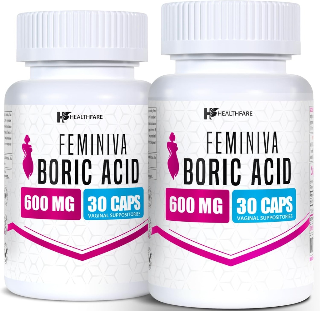 Healthfare Feminiva Boric Acid Suppositories | 2-Pack | 30 Vaginal Suppositories Each | 600mg | 100% Pure | Made in The USA