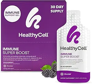 Healthycell immun Super Boost Dagligt flydende tillæg - Immun Support for voksne med Echinacea, Elderberry, C-vitamin, D-vitamin, Calcium & Zink - 30 Gel pakker