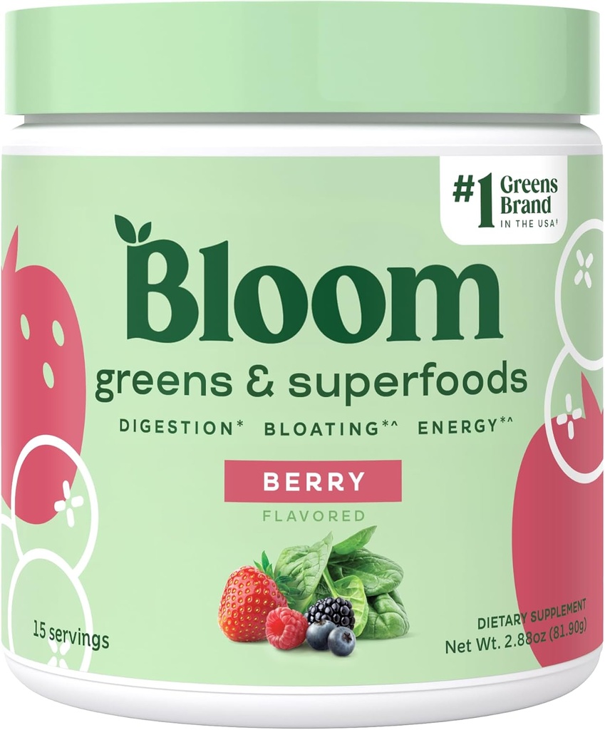 Bloom Nutrition Superfood Green Powder, fordøjelsesfremmende enzymer w / Probiotika & Prebiotika, Gut Health, Bloating Relief for Women, Chlorella, 15 SVG (15 Servere (Pack of 1), Berry)