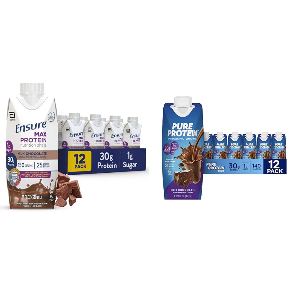 Ensure Max Protein Chocolate Nutrition Shake 30g Protein 12 Pack and Pure Protein Chocolate Protein Shake 30g Protein Keto-Friendly Immune Support 11oz Bottles 12 Pack