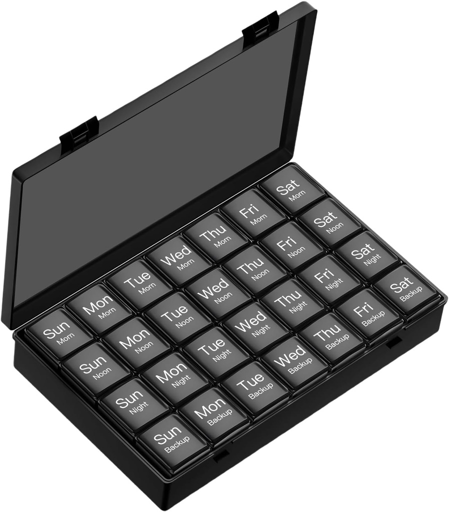 Stor Ugentlig Pill Organizer, 4 gange om dagen, 7-dages Fugt- Proof Pill Box med 28 rum, I stand til at rumme store mængder af vitaminer, Kosttilskud, Fish Oil, og medicin (sort)