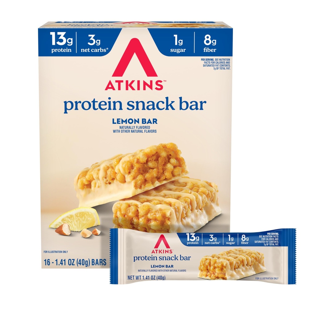 Atkins Lemon Flavored Snack Bar, High Protein Bar, Low Sugar and Low Carb, Keto Friendly Snack, Gluten Free, High in Fiber, Made with Real Almond Butter, 16 Count