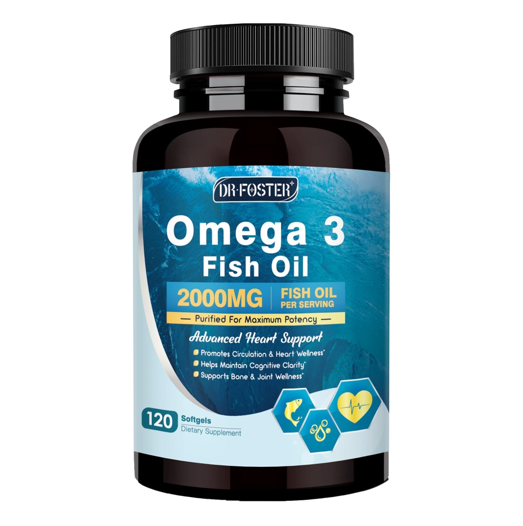 DRFOSTER Omega-3 Fish Oil 2000mg, High Content 1400mg Omega-3 with EPA & DHA, Easy-to-Swallow Softgels, Suppoets Heart, Brain, Immune Health, Non-GMO, 120 Softgels