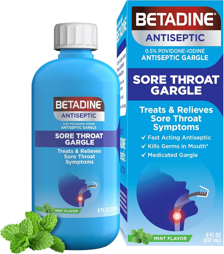 Betadine Antiseptisk Medicin Gargle, Povidon- Jod 0, 5%, Treat og Relieve Sore Hals Symptomer, Midlertidigt Reducerer Germs normalt findes i munden, Mint Flavor, 8 FL OZ