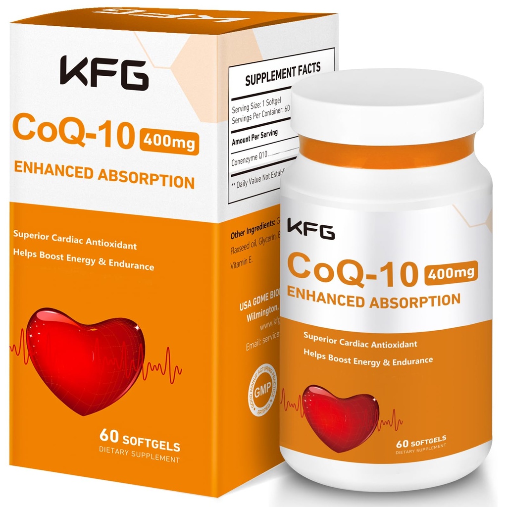 KFG CoQ10 400mg Softgels, Coenzym Q10 Supplements Heart Health, Cardiovaskulær Health, immunsystem & Cellular Energy Production, Gluten Free