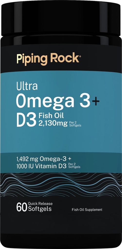 Piping Rock Ultra Omega 3 + D3 | 60 Softgels | 2130mg Fish Oil | 1492mg Omega 3 + 1000 IU Vitamin D3 | Non-GMO, Gluten Free