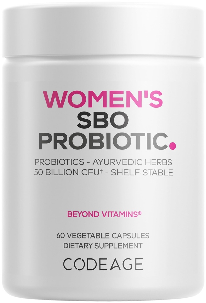 Kodeage Kvinder Probiotika Supplement - 50 Millioner CFU - SBO Probiotika & Prebiotika - Tranebær - Feminin Sundhed - Gæret botanisk blend, Hele kosttilskud - Vegan, Non- GMO - 60 Kapsler