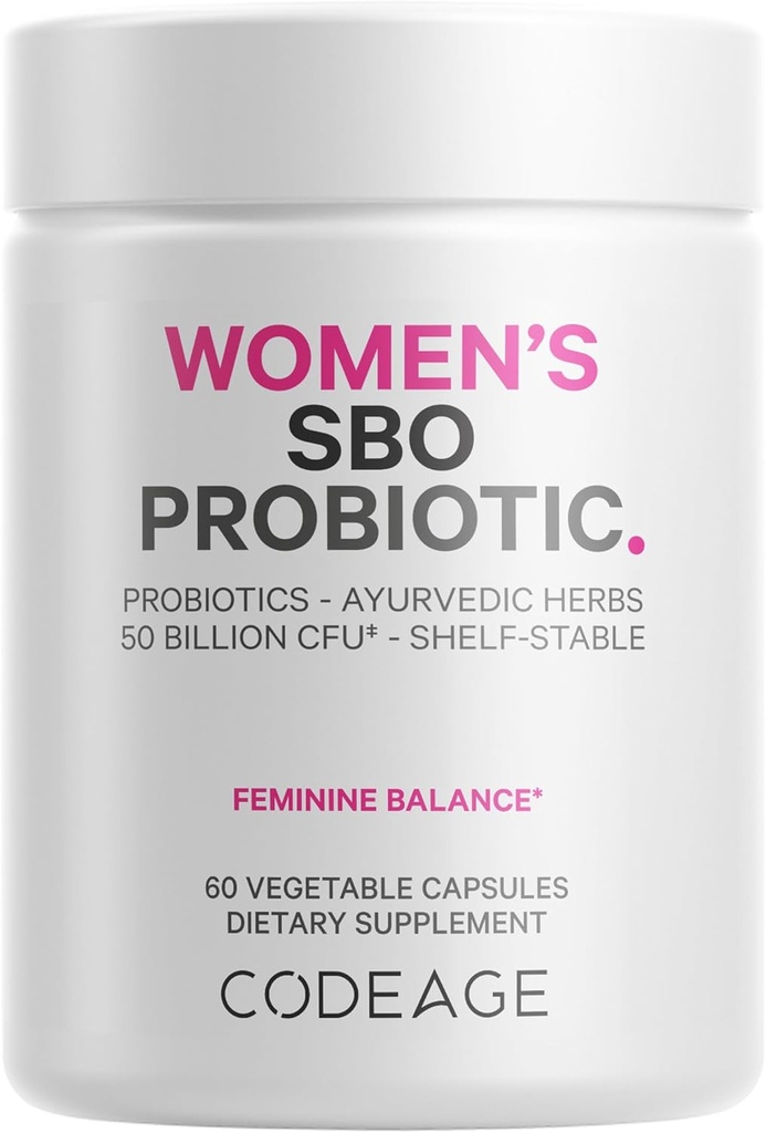 Kodeage Kvinder Probiotika Supplement - 50 Millioner CFU - SBO Probiotika & Prebiotika - Tranebær - Feminin Sundhed - Gæret botanisk blend, Hele kosttilskud - Vegan, Non- GMO - 60 Kapsler